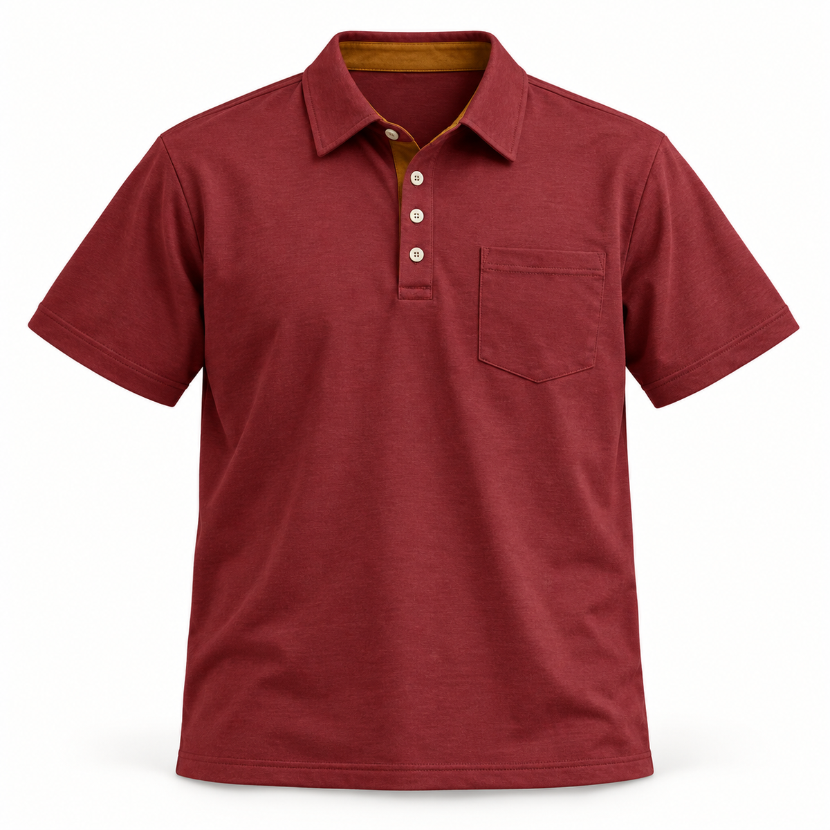 AZUKI YMX-L2605 burgundy short-sleeve pocket polo with four buttons, front studio view