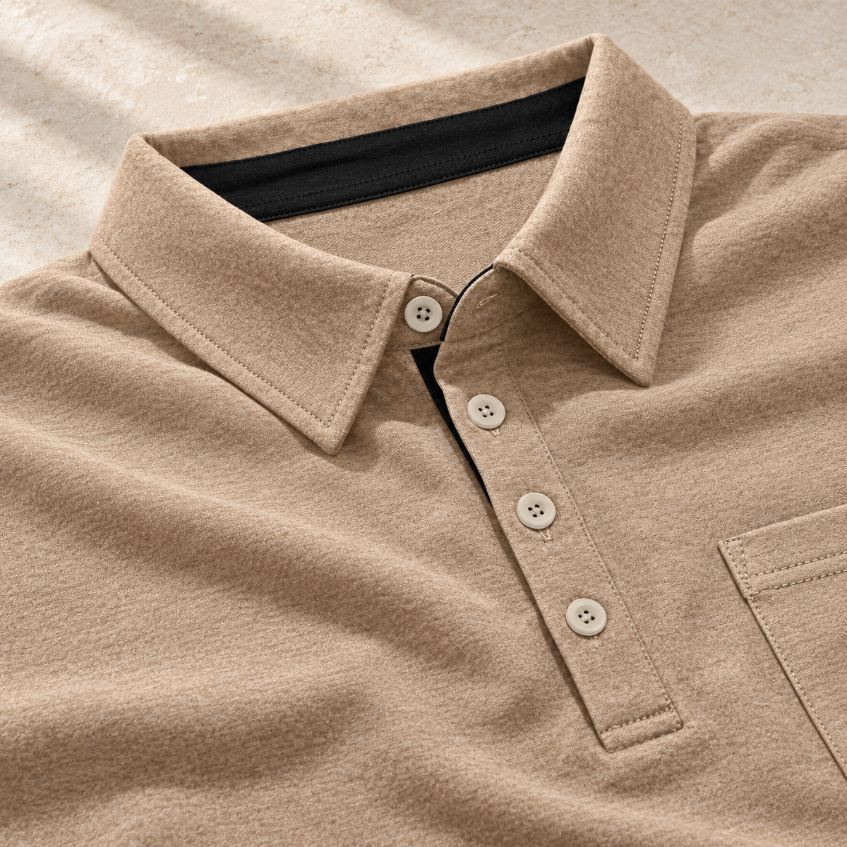 AZUKI YMX-L2605 heather camel collar and four-button placket detail with black inner trim