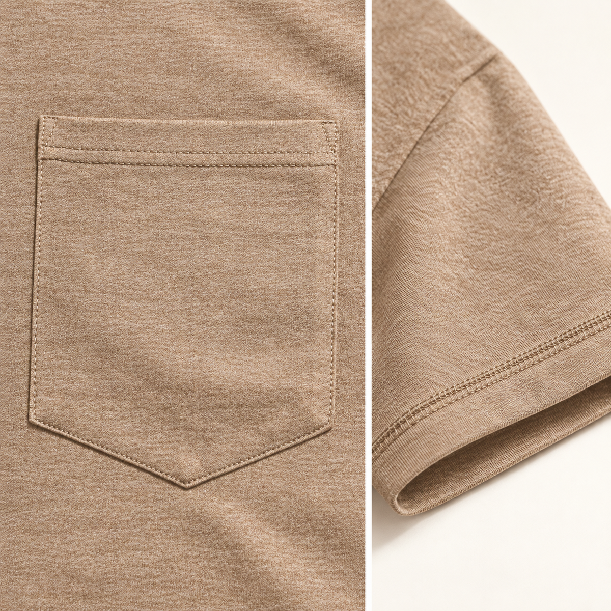 AZUKI YMX-L2605 heather camel pointed chest pocket and stitched sleeve hem details