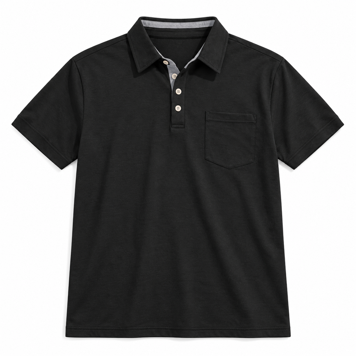 AZUKI black four-button pocket polo, product-only front view with plain stitched sleeve hems