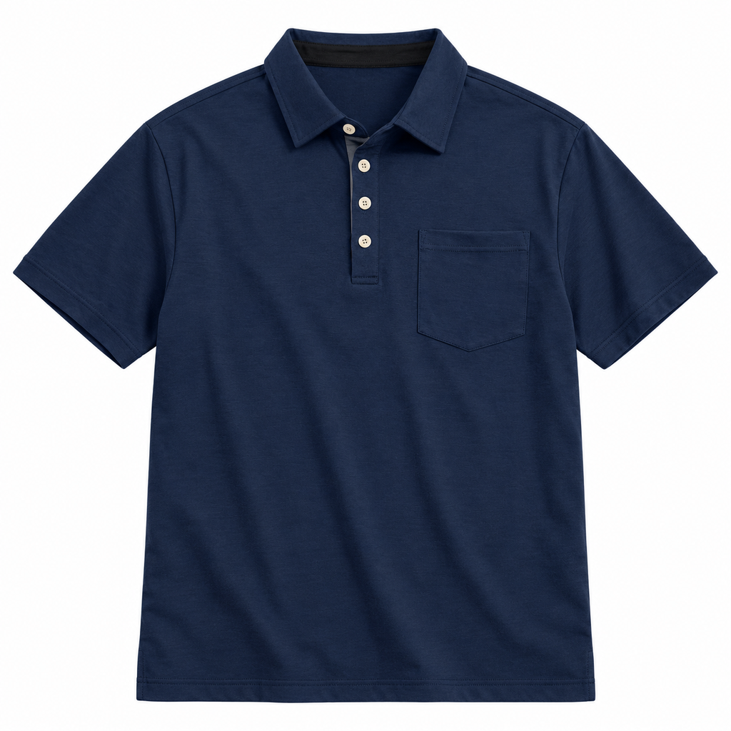 AZUKI navy four-button pocket polo, product-only front view with plain stitched sleeve hems