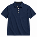 AZUKI navy four-button pocket polo, product-only front view with plain stitched sleeve hems