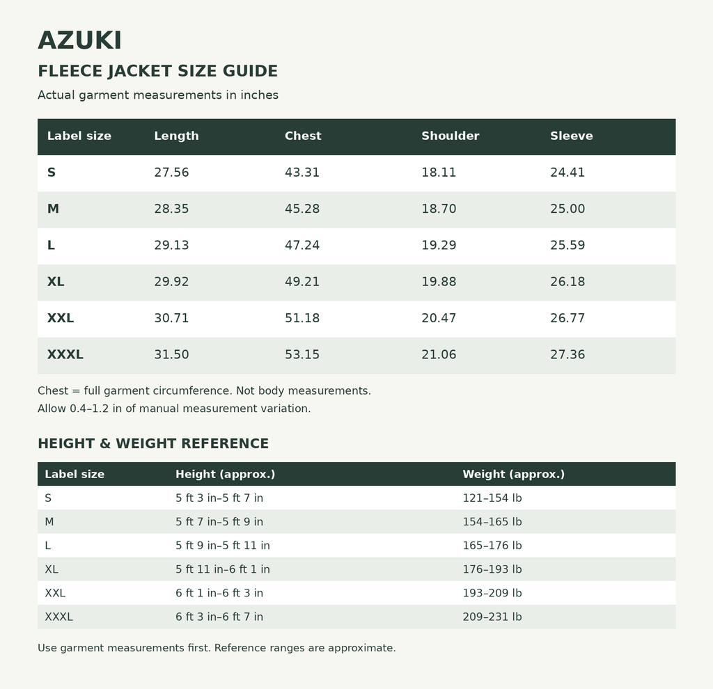 AZUKI fleece jacket size guide: garment measurements in inches and approximate height and weight reference in feet, inches and pounds