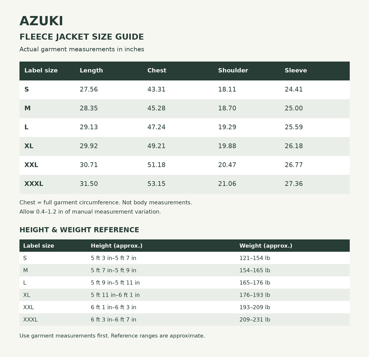 AZUKI fleece jacket size guide: garment measurements in inches and approximate height and weight reference in feet, inches and pounds