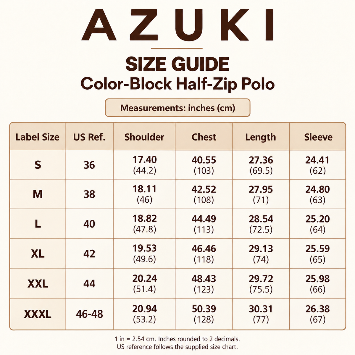 AZUKI color-block half-zip polo size guide, S to XXXL, measurements in inches with centimeters