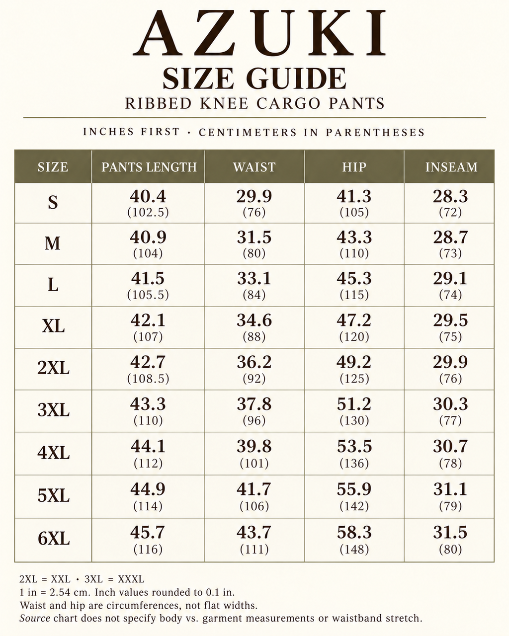 AZUKI size guide, S to 6XL: pants length, waist circumference, hip circumference and inseam in inches with original centimeters
