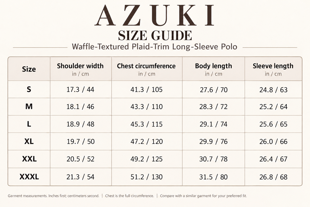AZUKI waffle-textured plaid-trim long-sleeve polo size guide, sizes S to XXXL; shoulder width, full chest circumference, body length and sleeve length in inches and centimeters