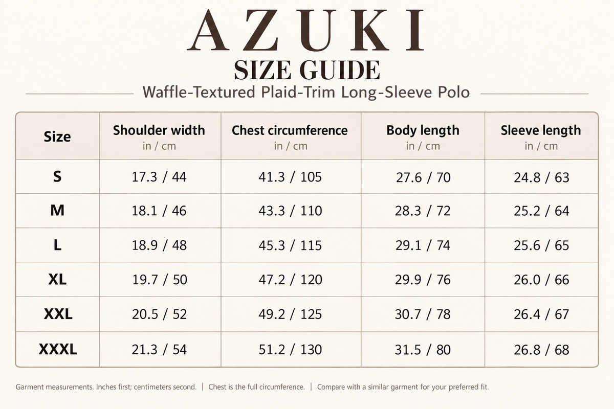 AZUKI waffle-textured plaid-trim long-sleeve polo size guide, sizes S to XXXL; shoulder width, full chest circumference, body length and sleeve length in inches and centimeters