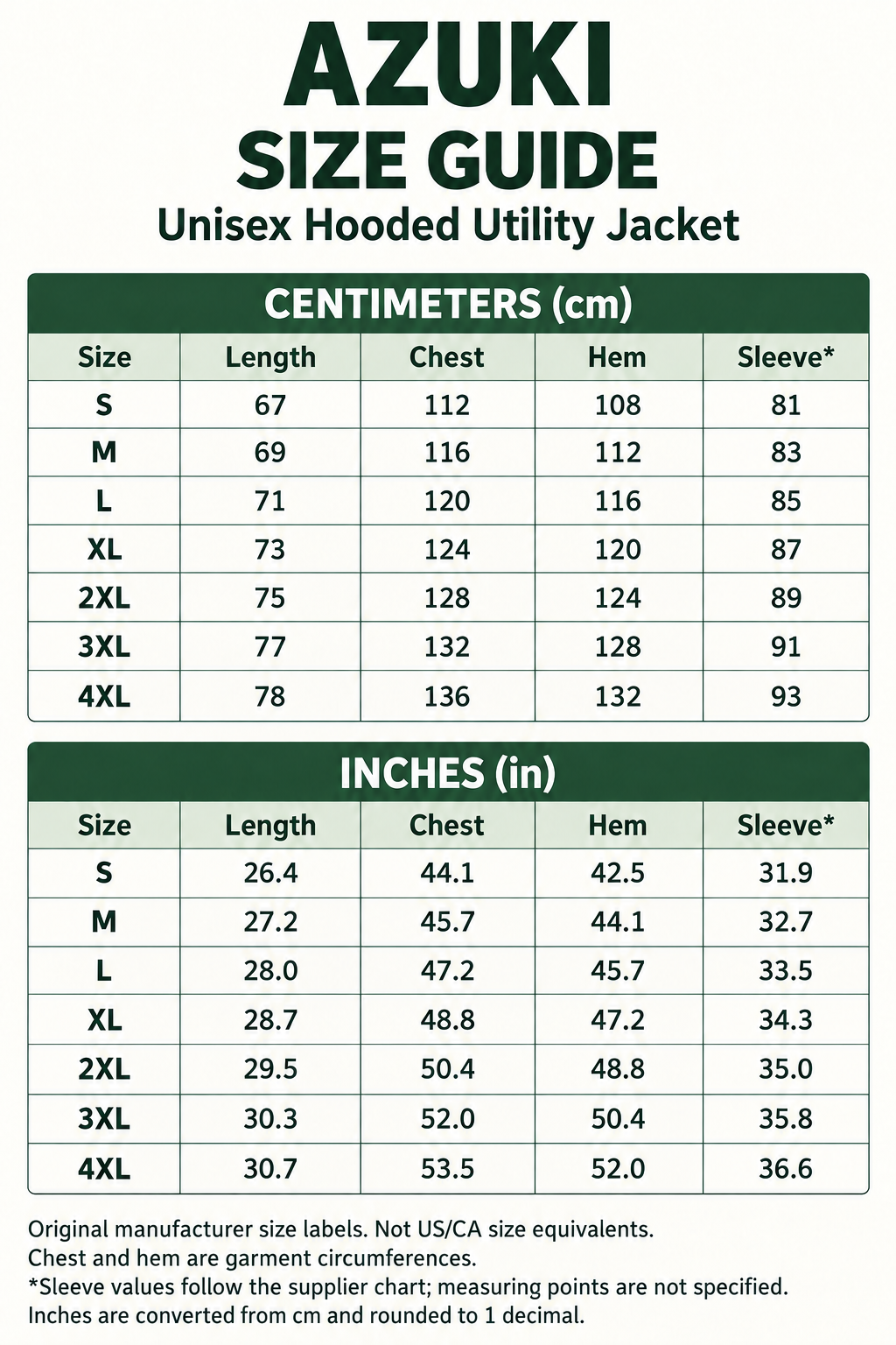 AZUKI unisex hooded utility jacket size guide: manufacturer sizes S–4XL, garment length, chest and hem circumference, and supplier sleeve measurements in centimeters and inches.
