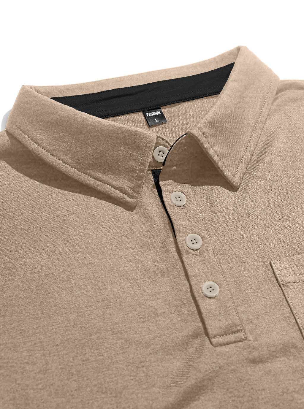 Close-up of the heather camel polo collar and button-front placket