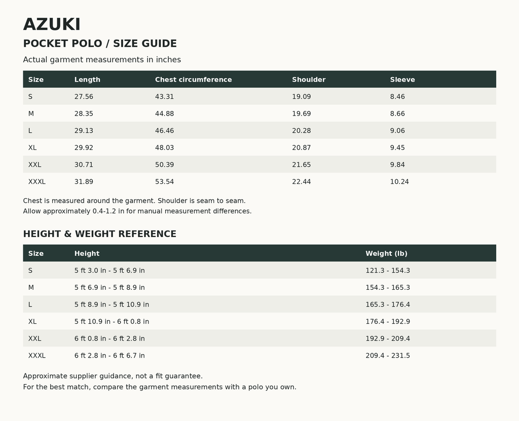 AZUKI pocket polo size guide: actual garment measurements in inches and approximate height and weight suggestions in feet, inches and pounds