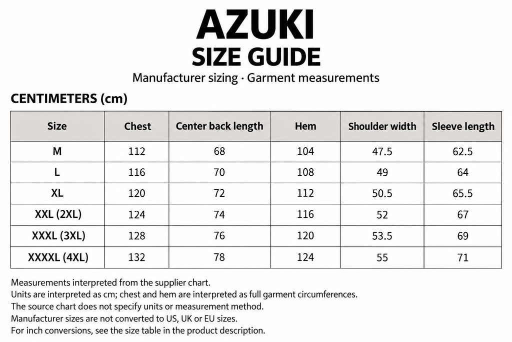 AZUKI English manufacturer size guide for M through XXXXL, with centimeter measurements and source interpretation notes