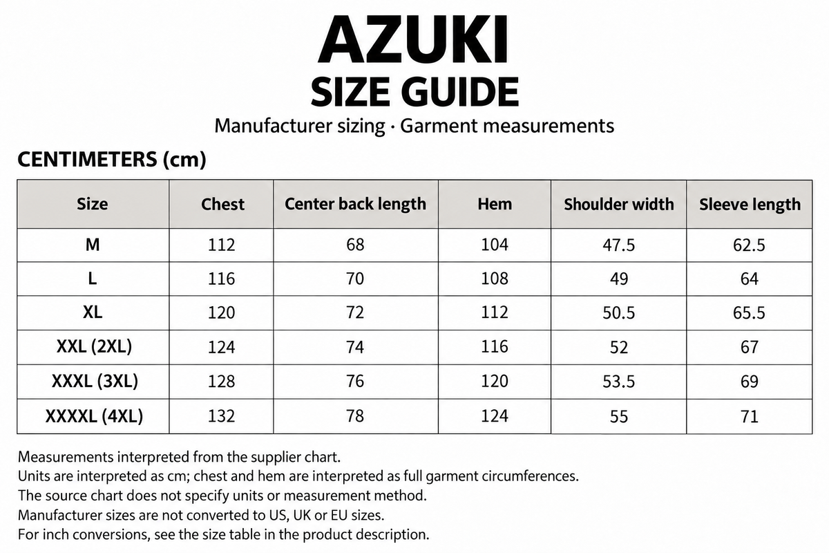 AZUKI English manufacturer size guide for M through XXXXL, with centimeter measurements and source interpretation notes