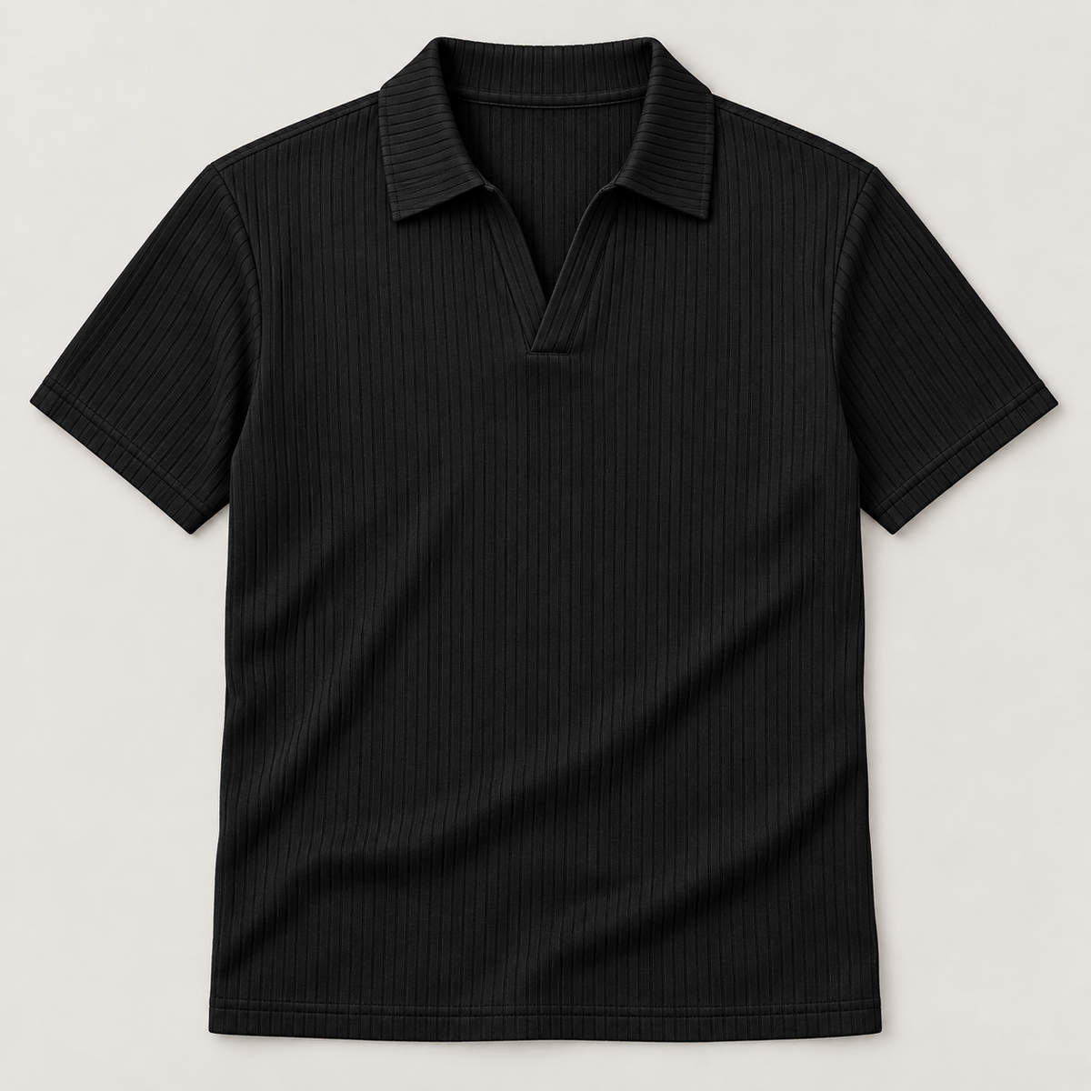 Black ribbed open-collar polo front flat lay; AI-generated product styling image