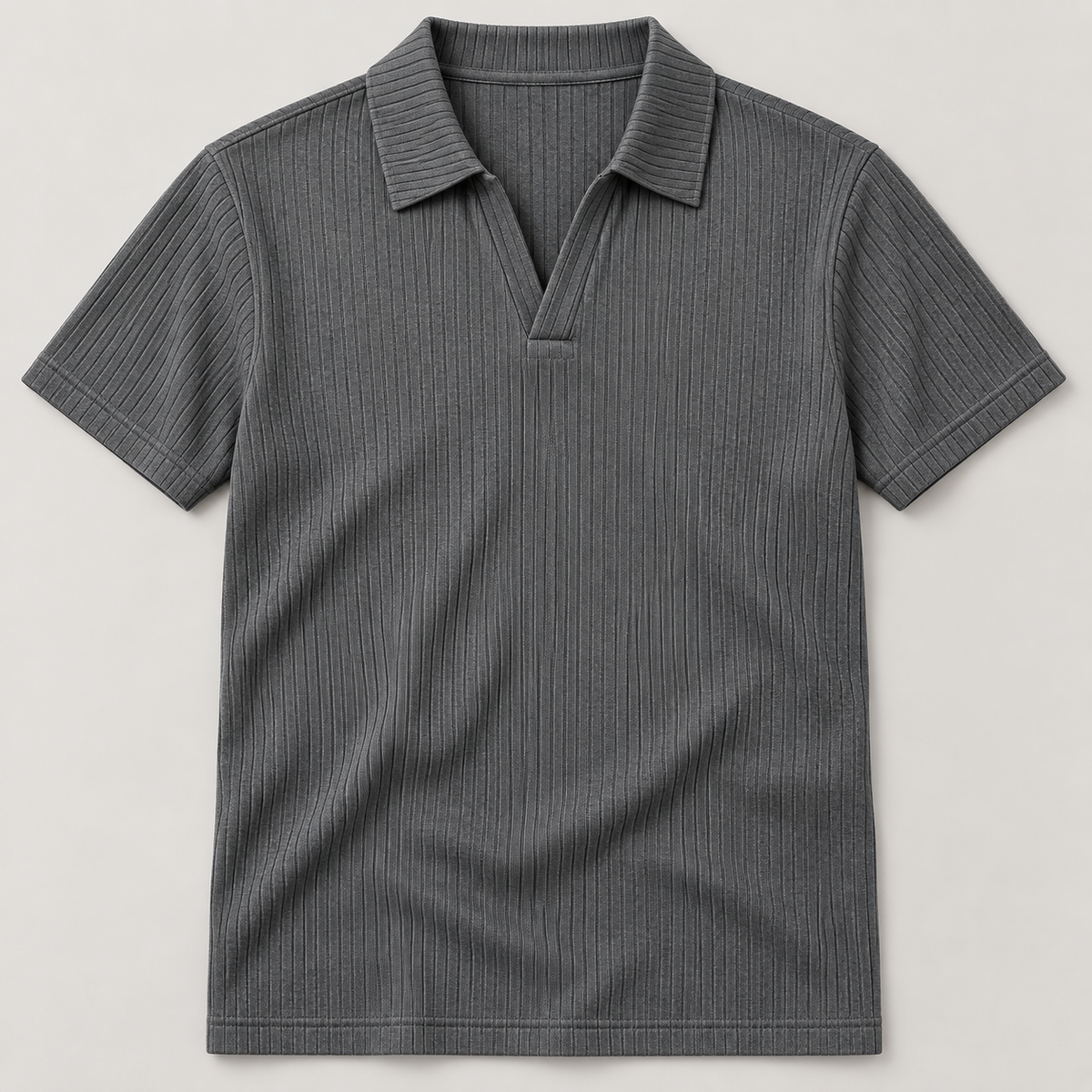 Gray ribbed open-collar polo front flat lay; AI-generated product styling image