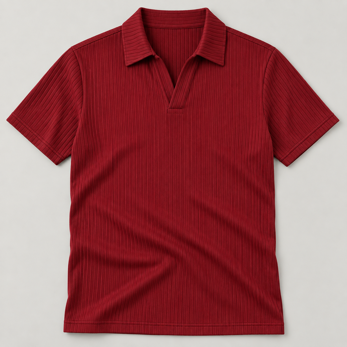 Red ribbed open-collar polo front flat lay; AI-generated product styling image