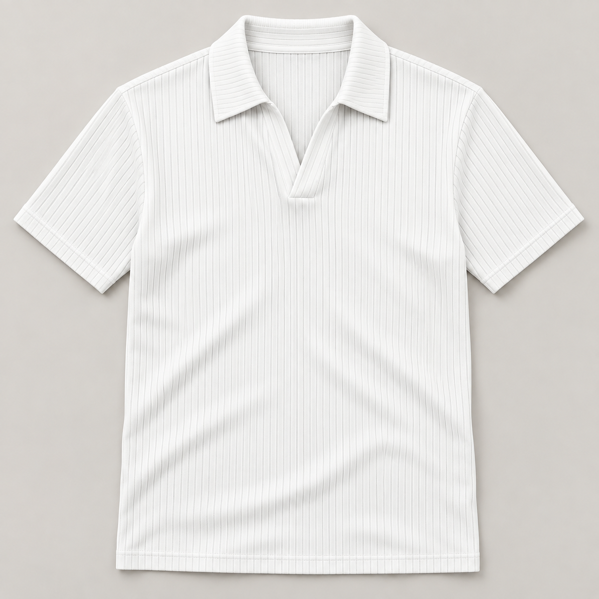 White ribbed open-collar polo front flat lay; AI-generated product styling image