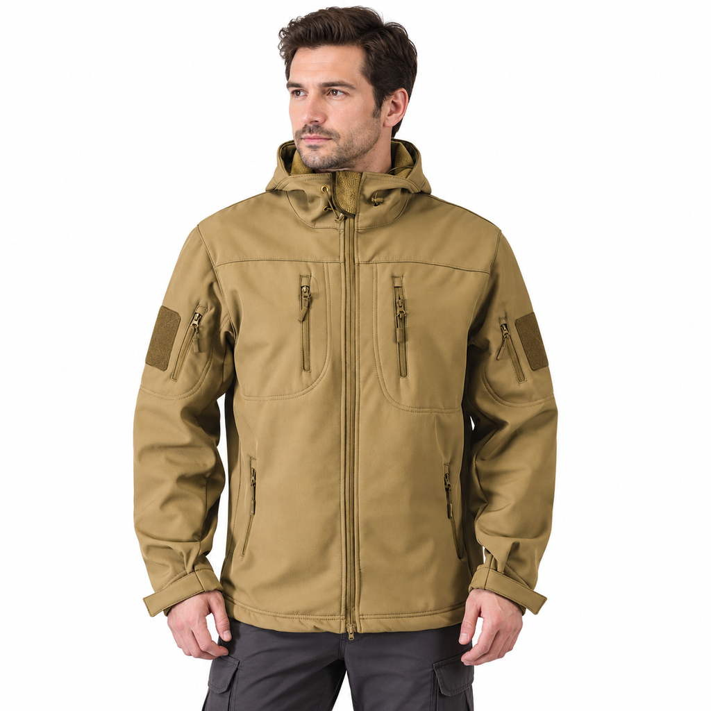 Adult model wearing the AZUKI khaki hooded tactical softshell jacket, front view