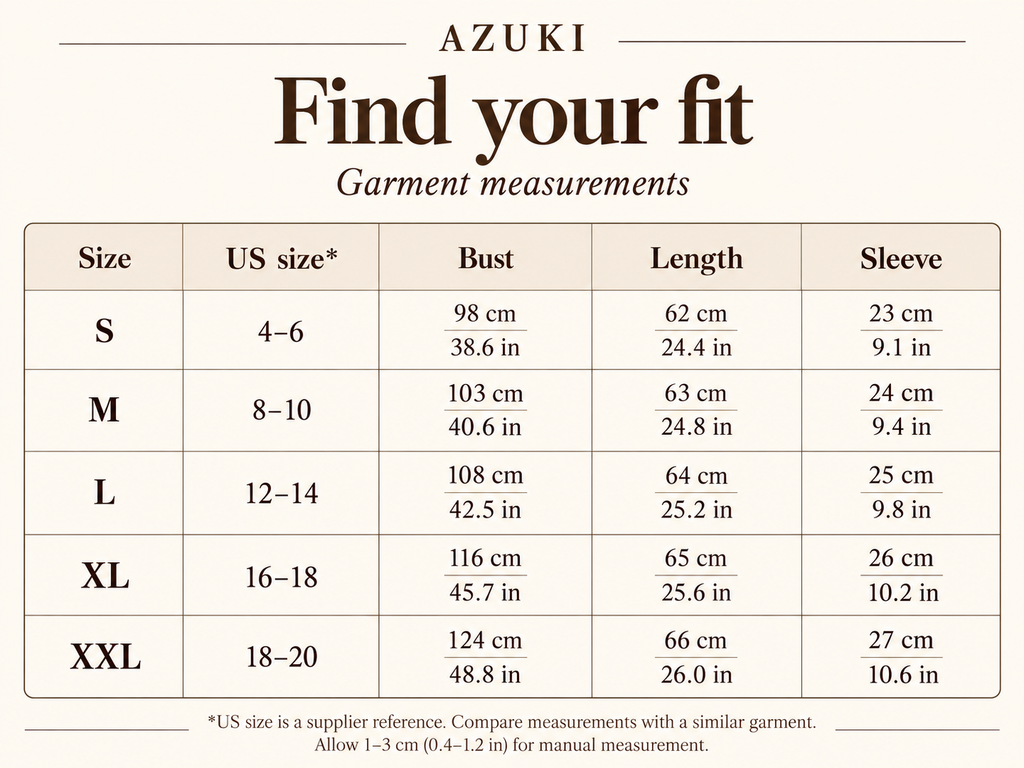 AZUKI women's striped knit T-shirt garment size guide S to XXL with bust, length and sleeve measurements in cm and inches