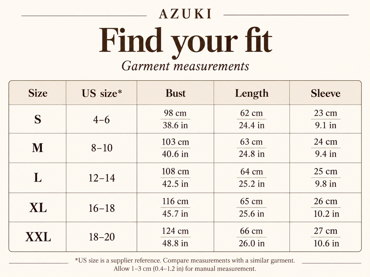 AZUKI women's striped knit T-shirt garment size guide S to XXL with bust, length and sleeve measurements in cm and inches