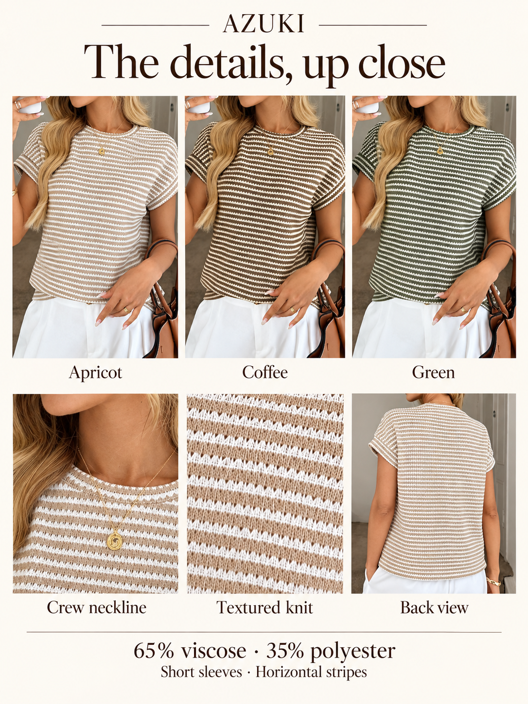 AZUKI striped knit T-shirt in Apricot, Coffee and Green, with crew neckline, textured knit and back-view details