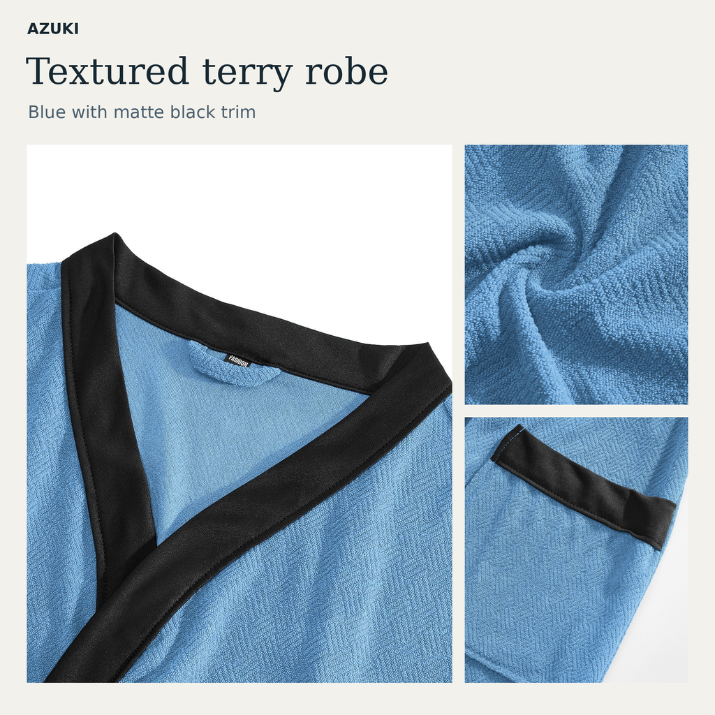 AZUKI blue terry bathrobe, real photographs of neckline, fine-loop fabric and patch pocket