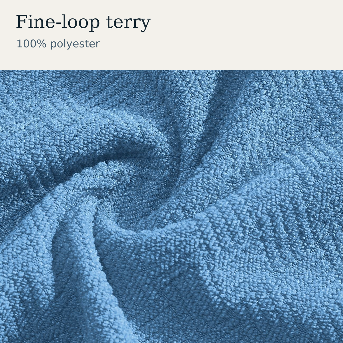 Original blue fine-loop terry fabric with verified 100 percent polyester composition