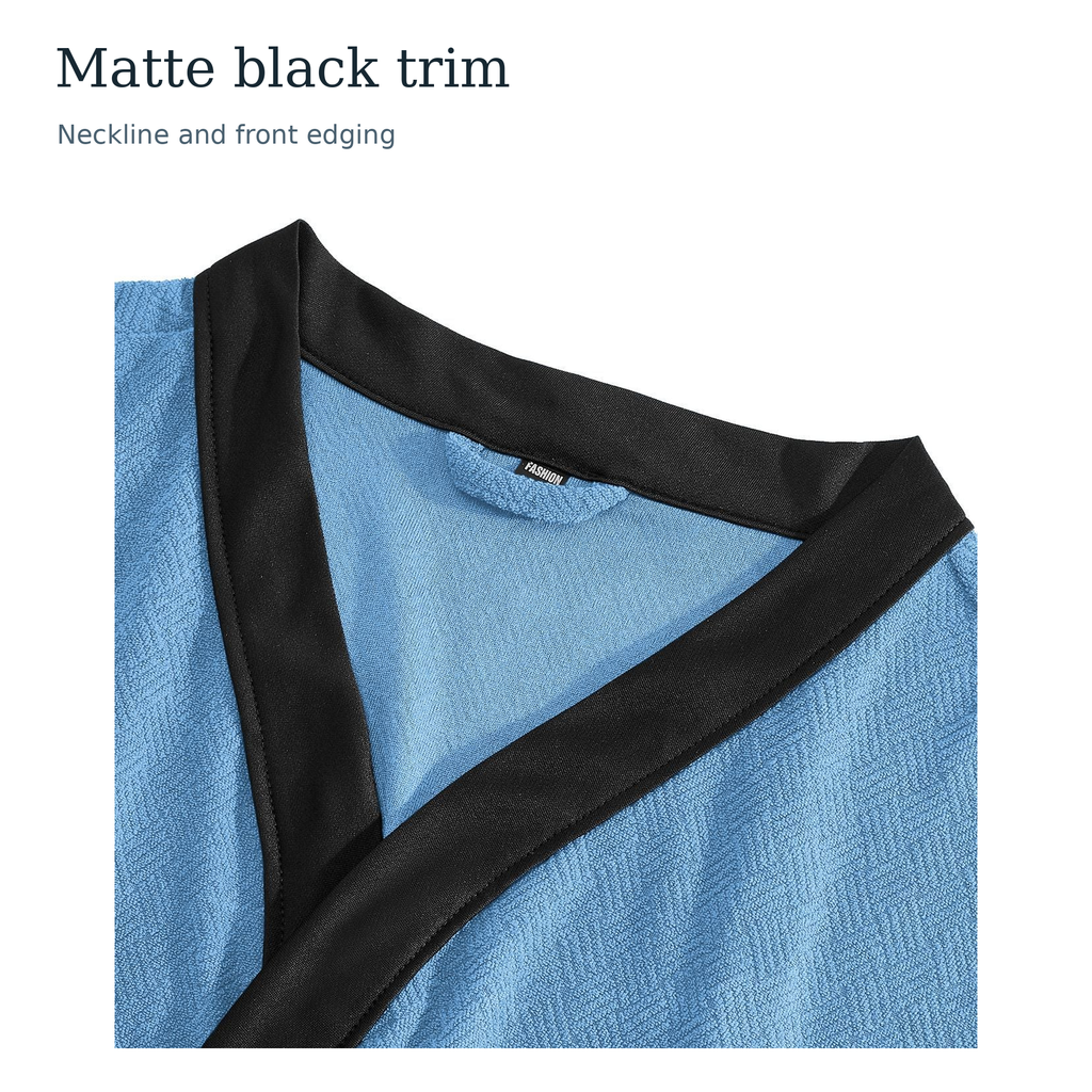 Original blue bathrobe neckline and matte black woven front edging