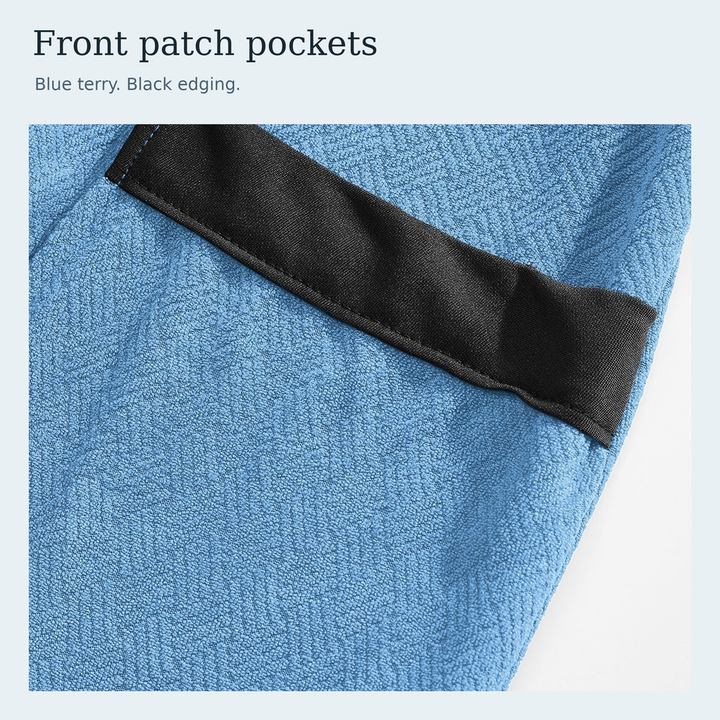 Original blue terry patch pocket with matte black top edging