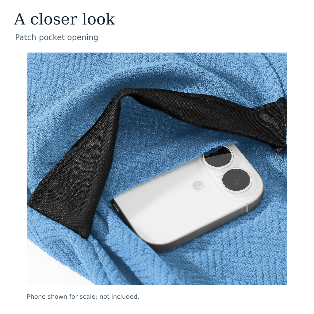 Original blue patch-pocket opening with phone shown only for scale, phone not included