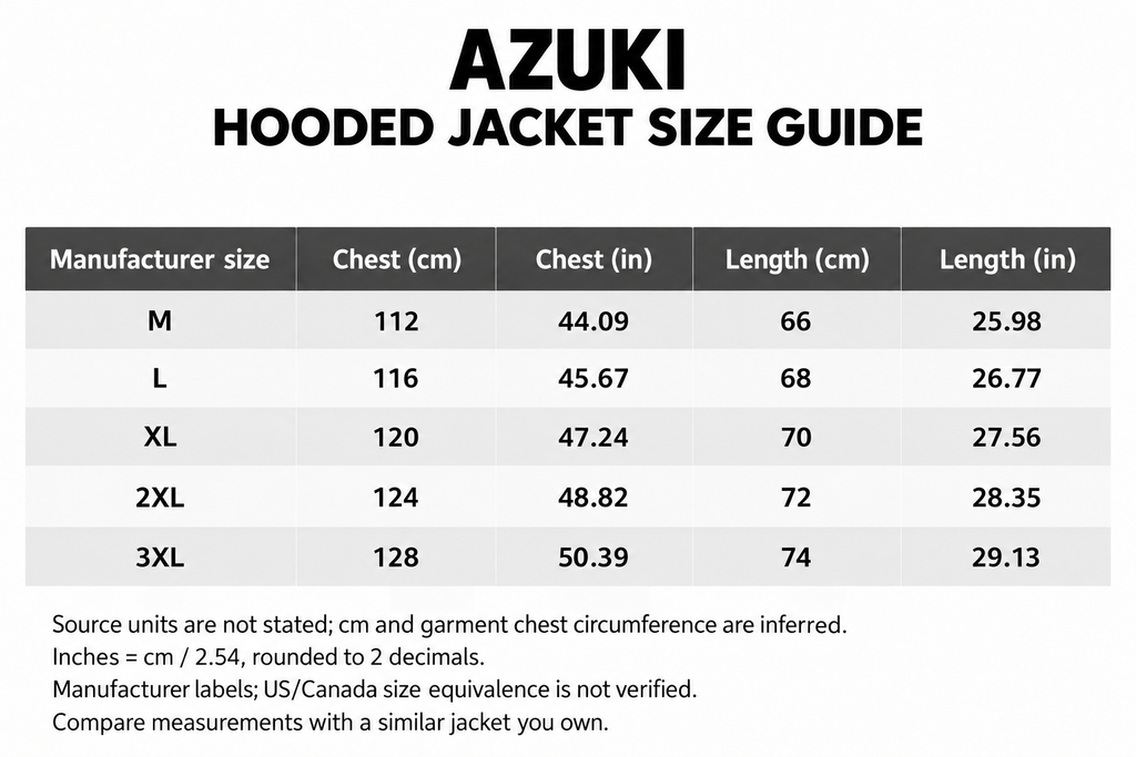AZUKI hooded jacket size guide: manufacturer sizes M–3XL, garment chest and length in inferred cm and calculated inches.