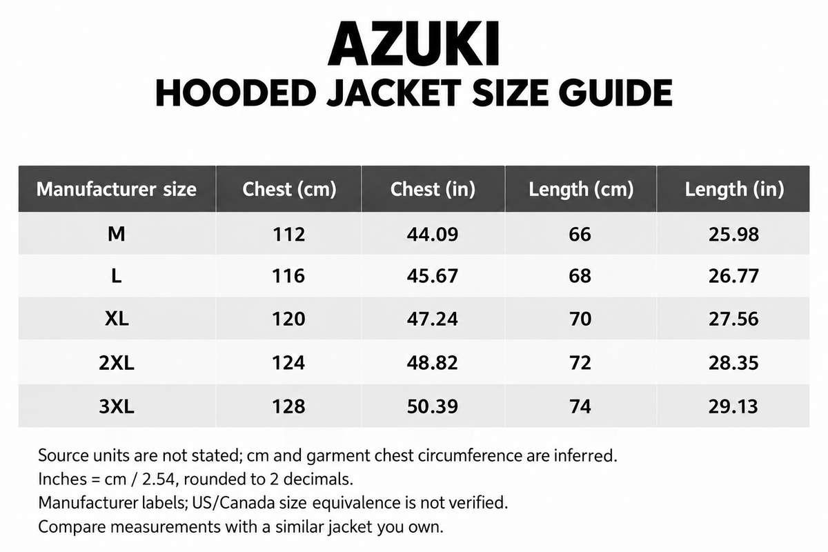 AZUKI hooded jacket size guide: manufacturer sizes M–3XL, garment chest and length in inferred cm and calculated inches.