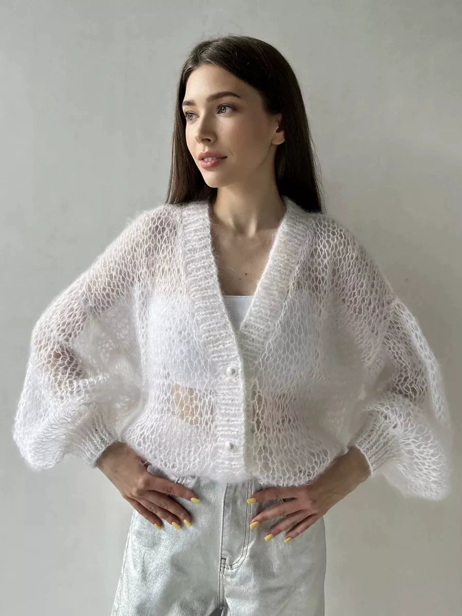 Original product photo: white open-knit cardigan with V-neck, three pearl-effect buttons and balloon sleeves