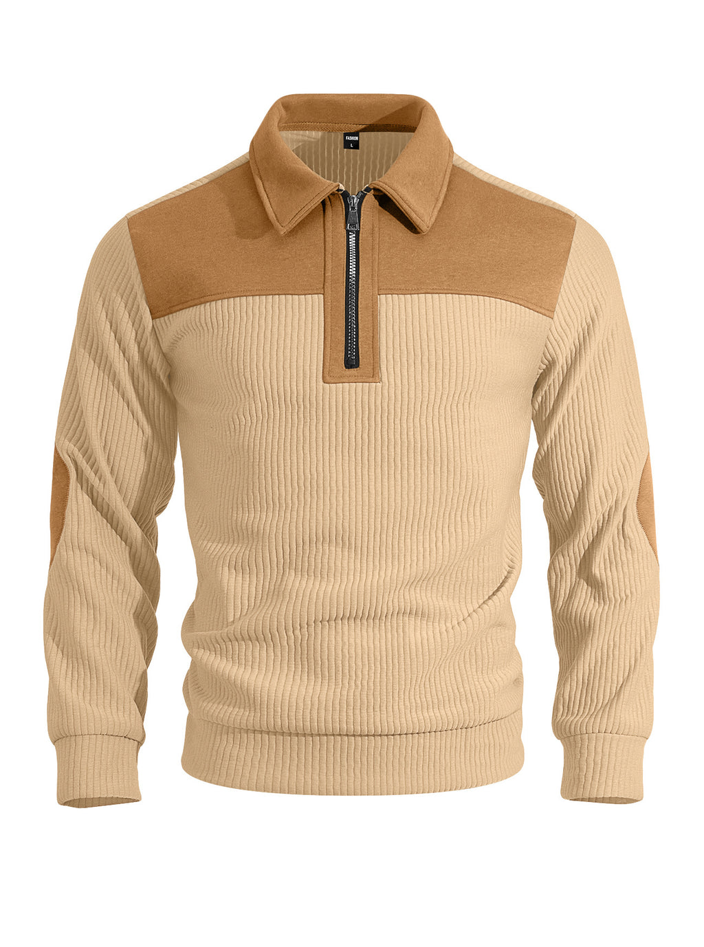 AZUKI beige and tan quarter-zip knit pullover, front product view