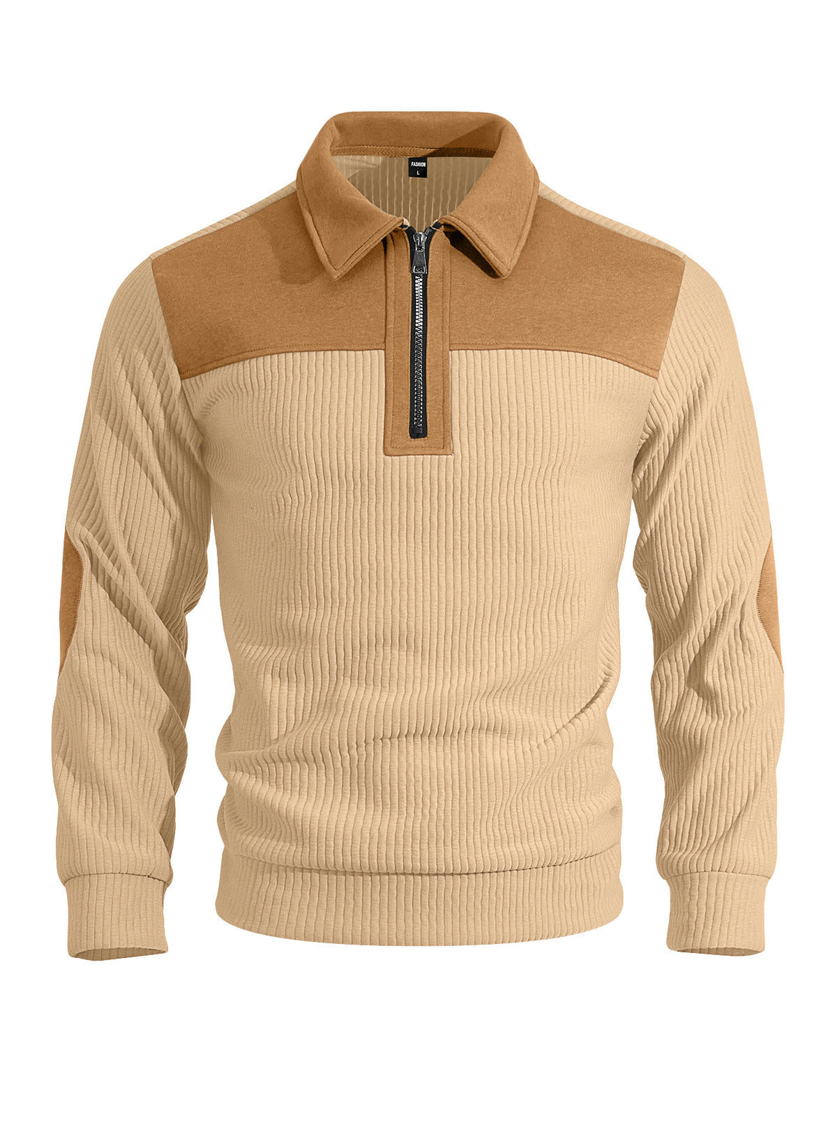AZUKI beige and tan quarter-zip knit pullover, front product view