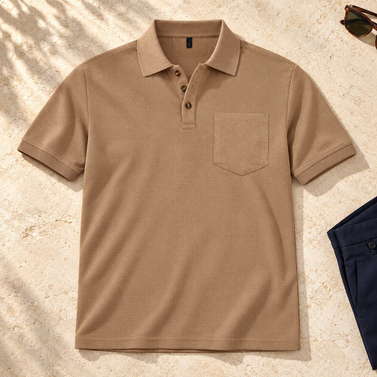 AI-assisted styling image of khaki waffle pocket polo with three-button placket on limestone